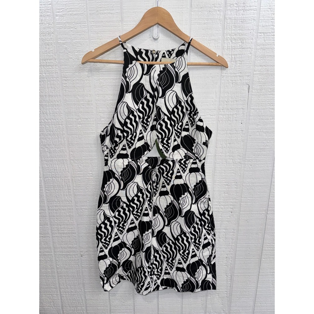 Farm Rio Mini Dress Women Black White Seashell Cutout Halter Medium